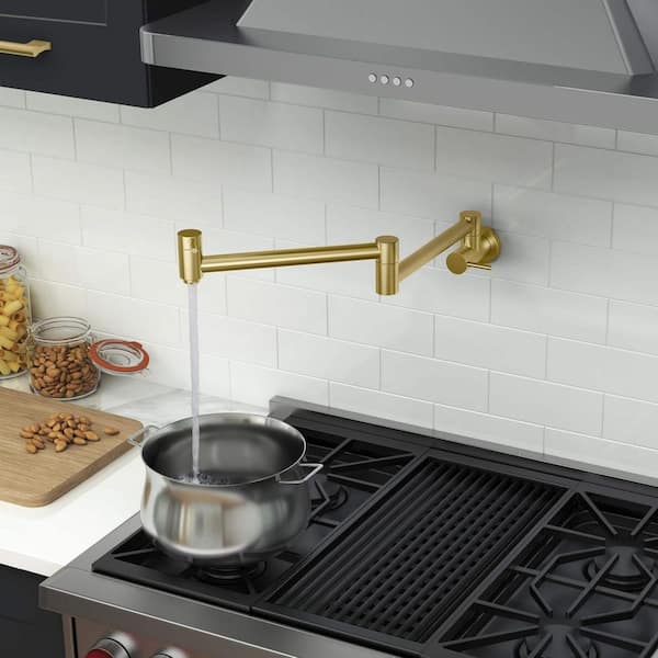Circular Wall Mount Pot Filler with Handle in Brushed Gold