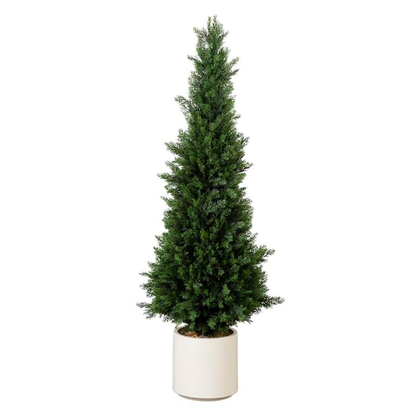 Nearly Natural 4 ft. UV Resistant Artificial Cedar Tree in Decorative White Planter (Indoor/Outdoor)