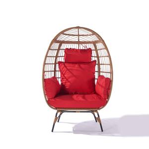 1-Person Wicker Egg Chair with 5-Cushions and Steel Frame, Red
