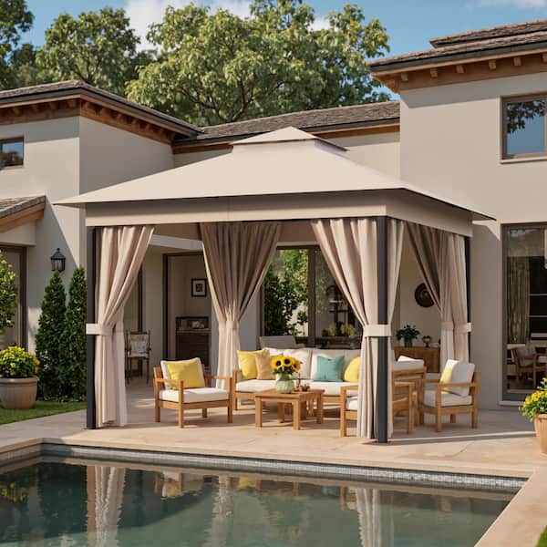 10 ft. x 10 ft. Khaki Outdoor Steel Frame Gazebo with Mosquito Netting
