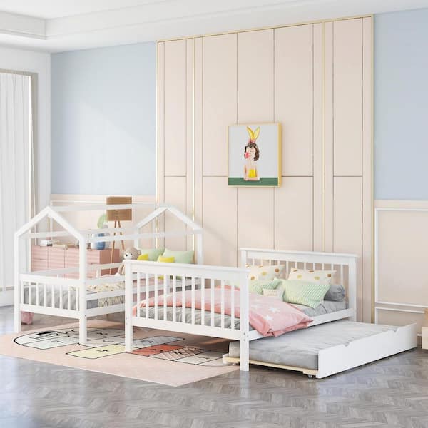 ANBAZAR White Twin Over Full Kids Bunk Bed with Trundle, Wood House Bunk Bed with Stairs, Can be Separated into 3 Platform Beds