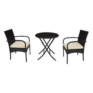 Brown 3-Piece Wicker Outdoor Bistro Set Patio Furniture Set with Round Folding Table and Cream Cushions