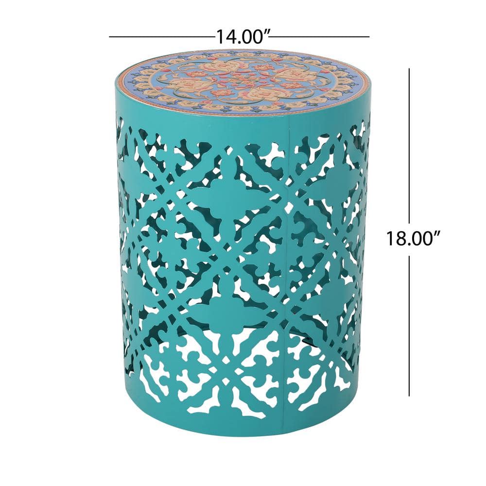 Elegant Multicolor Marble & Metal Round End Table with Lace Cut Design