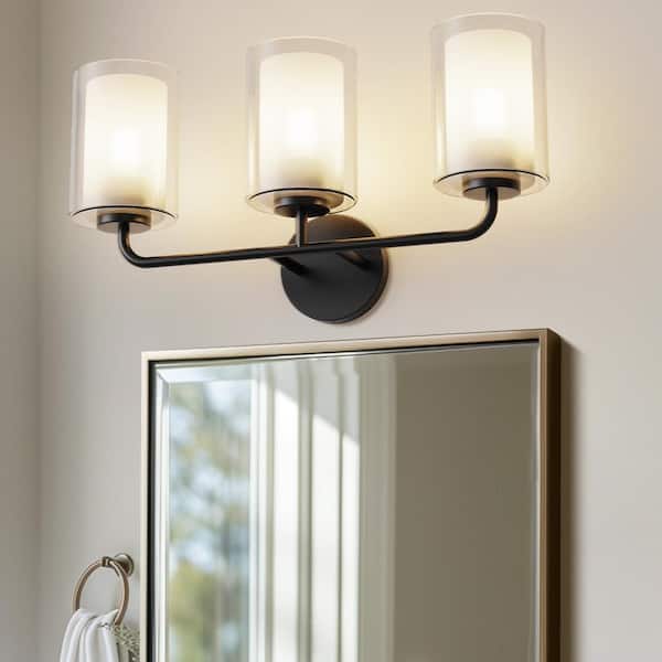 YANSUN 21 in. 3-Light Black Vanity Light with Cylinder White Glass Shades for Bathroom, Living Room, Entryway
