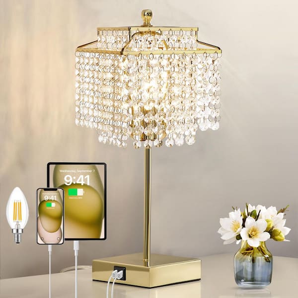 17.6 in. Gold Crystal Touch Table Lamp, Bedside Lamps with USB C plus A Ports, 3 Way Dimmable Lamp with Crystal Shade