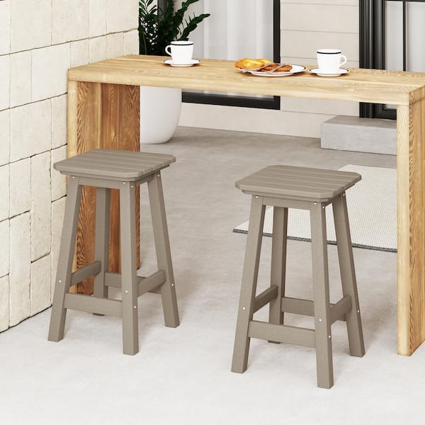 Laguna 24 in. Set of 2 HDPE Plastic All Weather Square Seat Backless Counter Height Outdoor Bar Stool in Weathered Wood