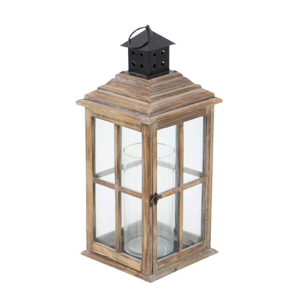 Brown Fir Wood and Glass Traditional Candle Lantern