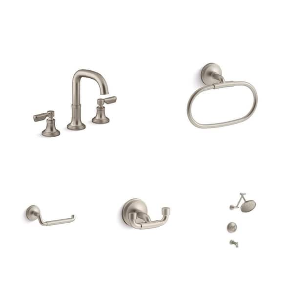 Paces 8 in. Widespread Faucet, Towel Ring, Toilet Paper Holder, Robe Hook and Shower Faucet Combo in Brushed Nickel