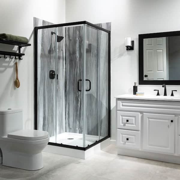 PALISADE 36 in. x 78 in. 2-Piece Glue-Up Corner Shower Wall, Shelf, Trim Kit in Hermitage Granite