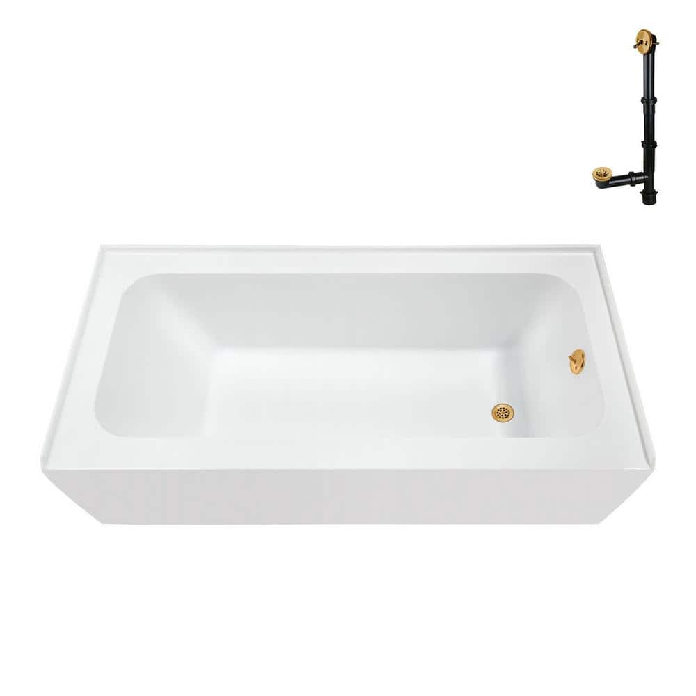 Glossy White Acrylic Alcove Bathtub with Brushed Gold Hardware