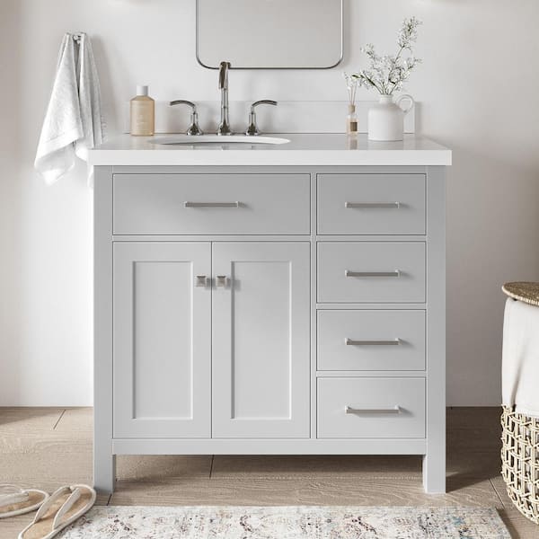 ARIEL Bristol 36 in. Single Sink Freestanding Bathroom Vanity in Gray with Pure White Quartz Top