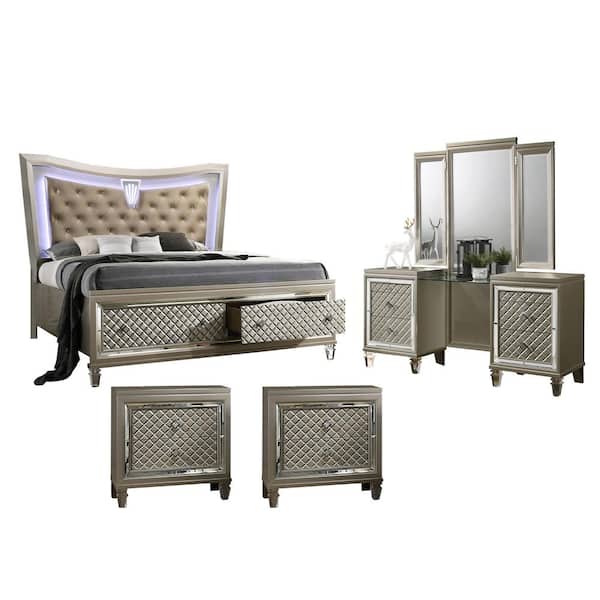 Best Quality Furniture Venetian 4-Piece Champagne Color Wood Queen Size Bedroom Set With Vanity And Extra Nightstand