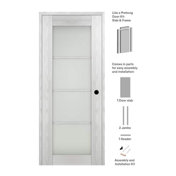 Belldinni Vona 4 Lite 18 in. x 96 in. Left-Hand Frosted Glass Ribeira Ash Composite Solid Core Wood Single Prehung Interior Door