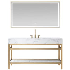 Ecija 60 in. W x 22 in. D x 33.9 in. H Single Sink Bath Vanity in Brushed Gold with White St1- Top and Mirror