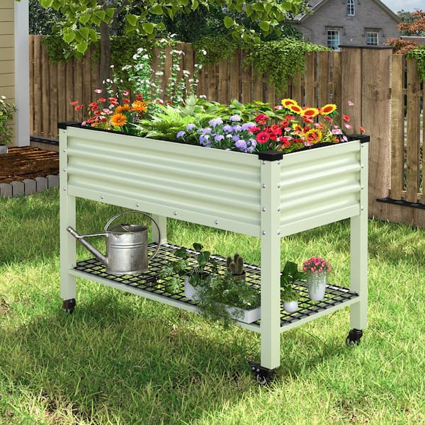 48 in. L x 25 in. W x 34 in. H Light Green Galvanized Steel Raised Garden Bed w/ Lockable Wheels, Liner and Drainage