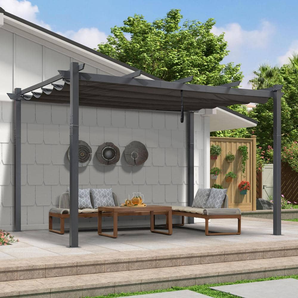 Gray Aluminum 9.5' x 13' Retractable Pergola with Canopy