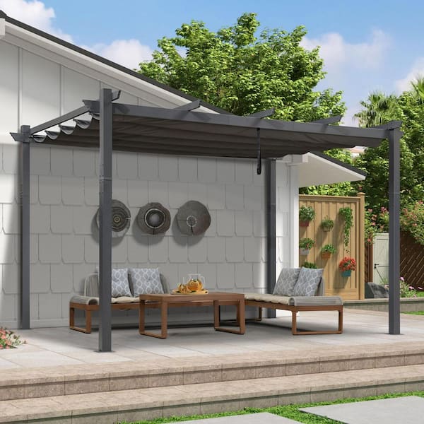 9.5 ft. W x 13 ft. D Modern Gray Aluminum Against The Wall Design Pergola with Gray Adjustable Sunshade Canopy for Deck