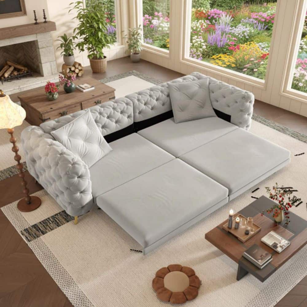 OKCF 97.7 in. Silver Gray Velvet King Size 3-in-1 Convertible Tufted Sofa Bed with Movable Ottoman and Pillows