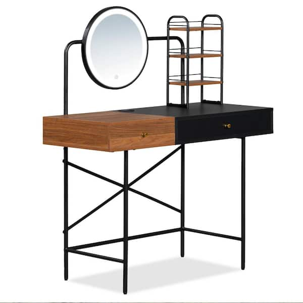 1-Drawer Black Makeup Vanity Table Wooden Dressing Desk with 3-Mode Lighted Mirror, Wireless Charging Station, 3 Shelves