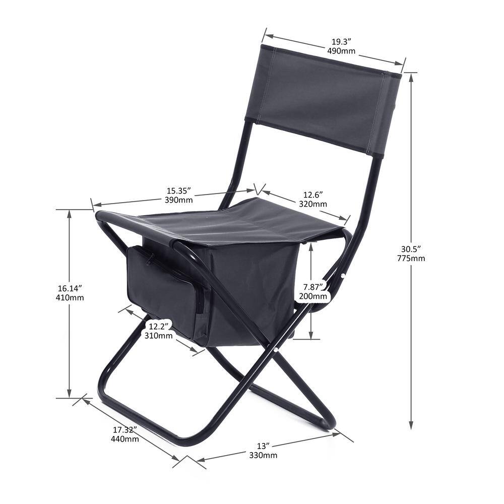 Gray Steel Folding Outdoor Chairs with Storage Bag, Set of 2