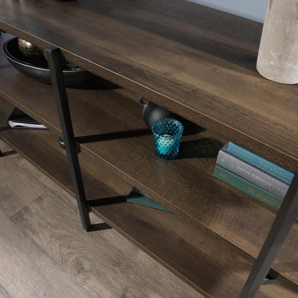 Smoked Oak and Black Metal 55" TV Stand with Open Shelving
