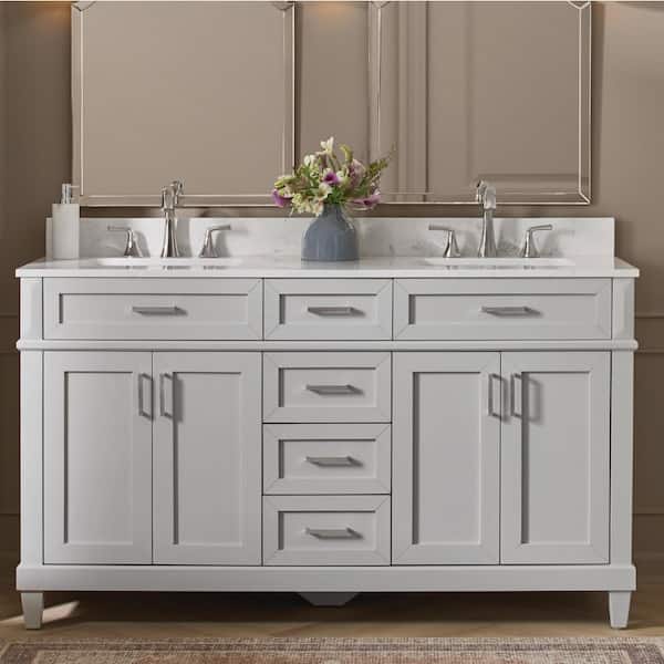 Talmore 60 in. Double Sink Sky Grey Bath Vanity with White Engineered Carrara Marble Top (Assembled)