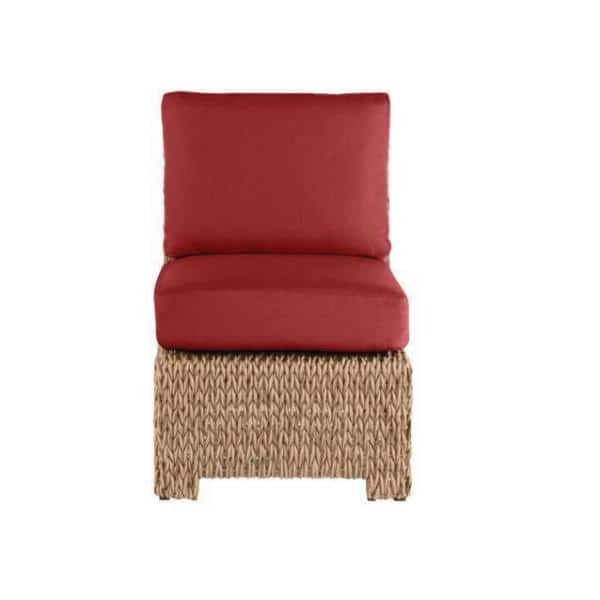 Hampton Bay Laguna Point Tan Wicker Armless Middle Outdoor Patio Sectional Chair with CushionGuard Chili Red Cushions
