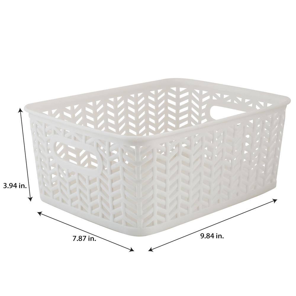 Small White Herringbone Plastic Storage Baskets with Handles, 3-Pack
