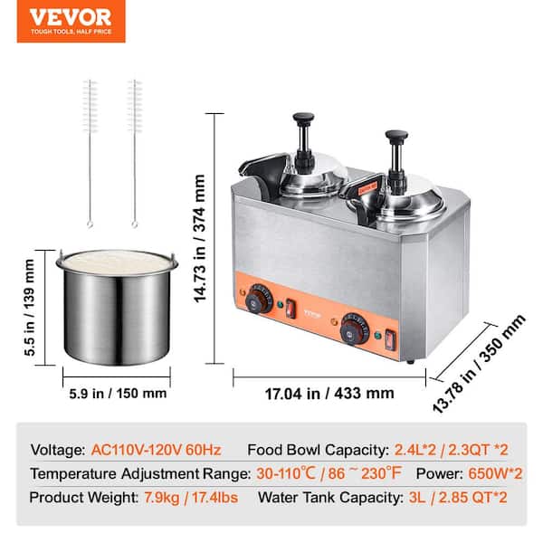VEVOR 650W 2.4 QT Hot Fudge Warmer - Food-Grade Stainless Steel
