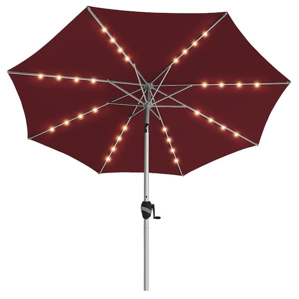 PASAMIC 9 ft. Aluminum Outdoor Patio Umbrella Market Umbrella with Push Button Tilt and LED Lights in Burgundy