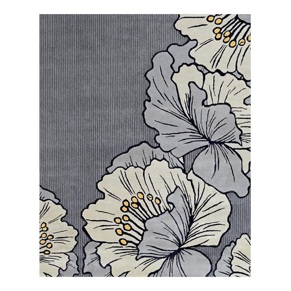 Gray and Off-White Floral Hand-Tufted Wool and Viscose Rug, 8' x 10'