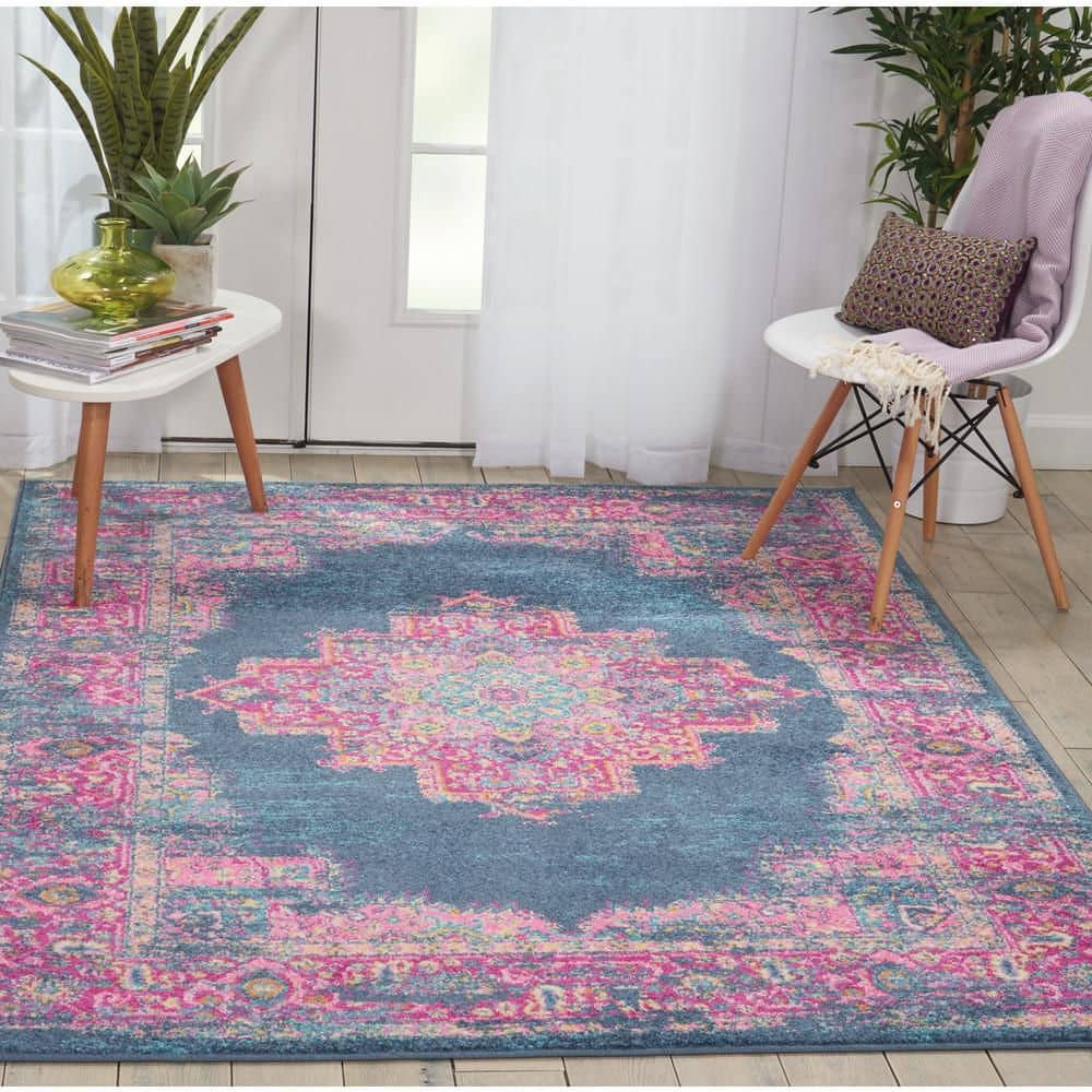 Traditional Floral Blue Synthetic 5' x 7' Easy-Care Area Rug