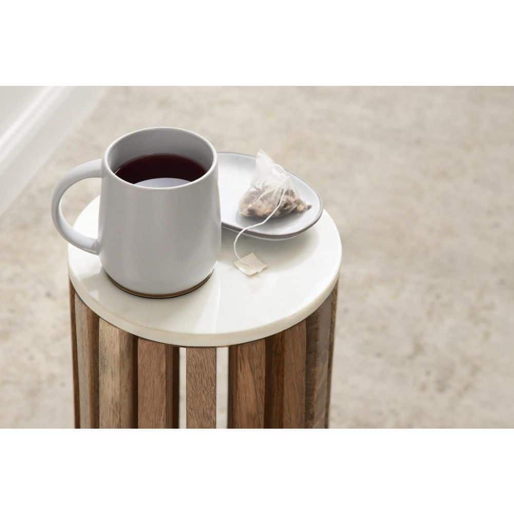 Elegant Round Marble and Mango Wood Drink Table, 12" Diameter