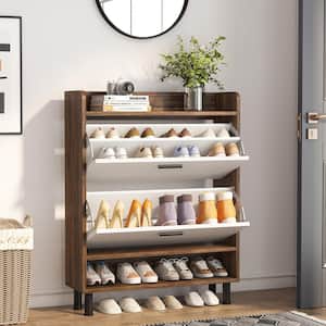 31.5 in. W Brown Oak 24-Pairs Shoe Storage Cabinet, Free-Standing Tipping Bucket Shoe Cabinet for Entryway