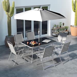 Gray 8-Piece Metal Outdoor Dining Set with Table Umbrella, 6 Folding Chairs and Rectangle Dining Table Set for Patio