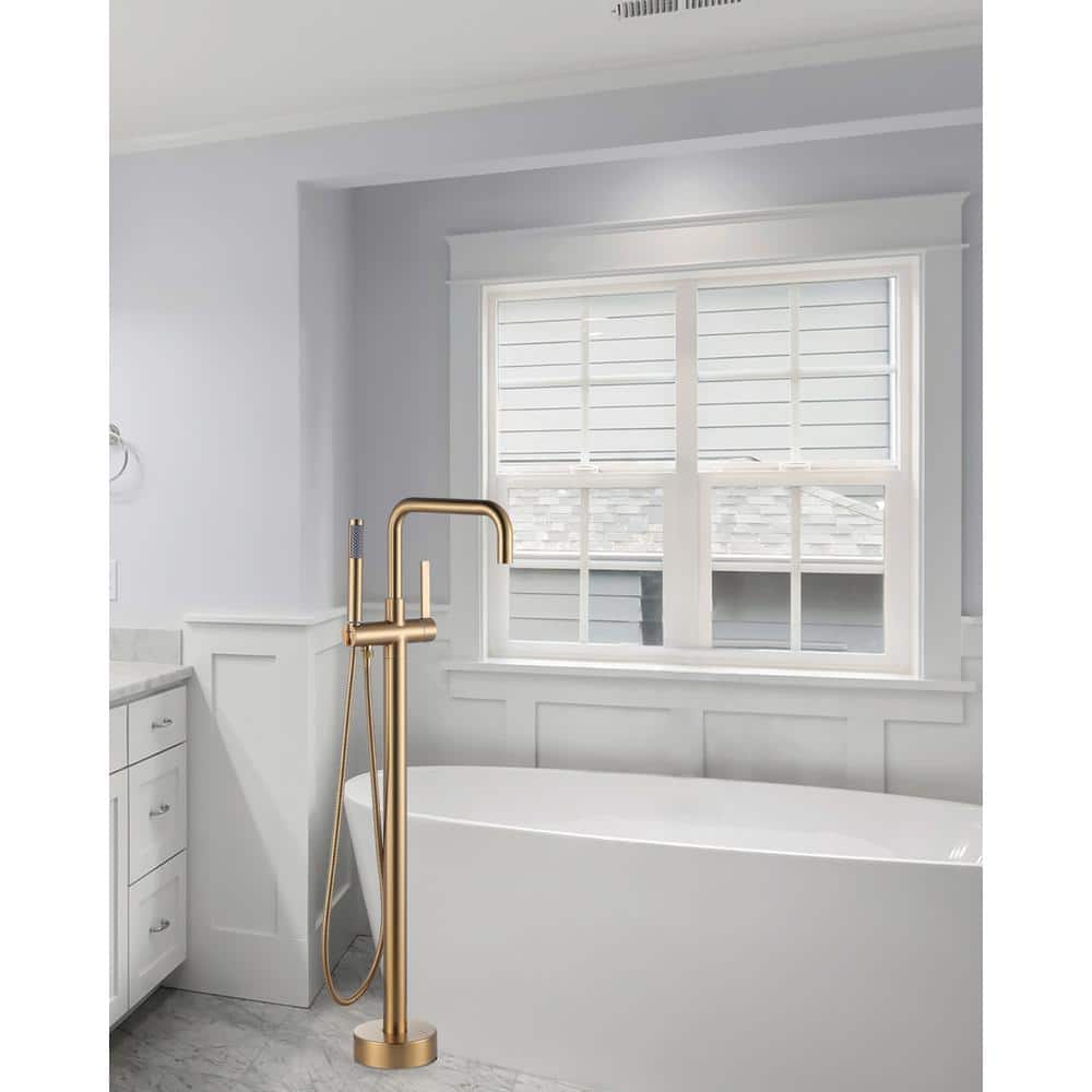 Gold Freestanding Tub Faucet with Hand Shower and Lever Handle