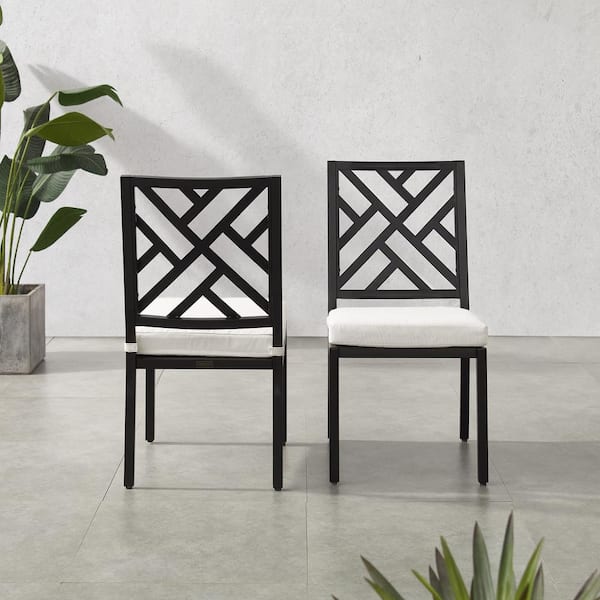 CROSLEY FURNITURE Locke Black Metal Outdoor Dining Chair with Creme Cushions (2-Pack)