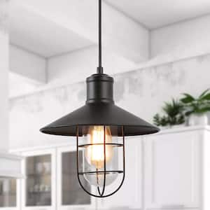 Modern Industrial 1-Light Black Mini Pendant with Clear Glass Shade Metal Wire Cage Shade Barn Ceiling Chandelier