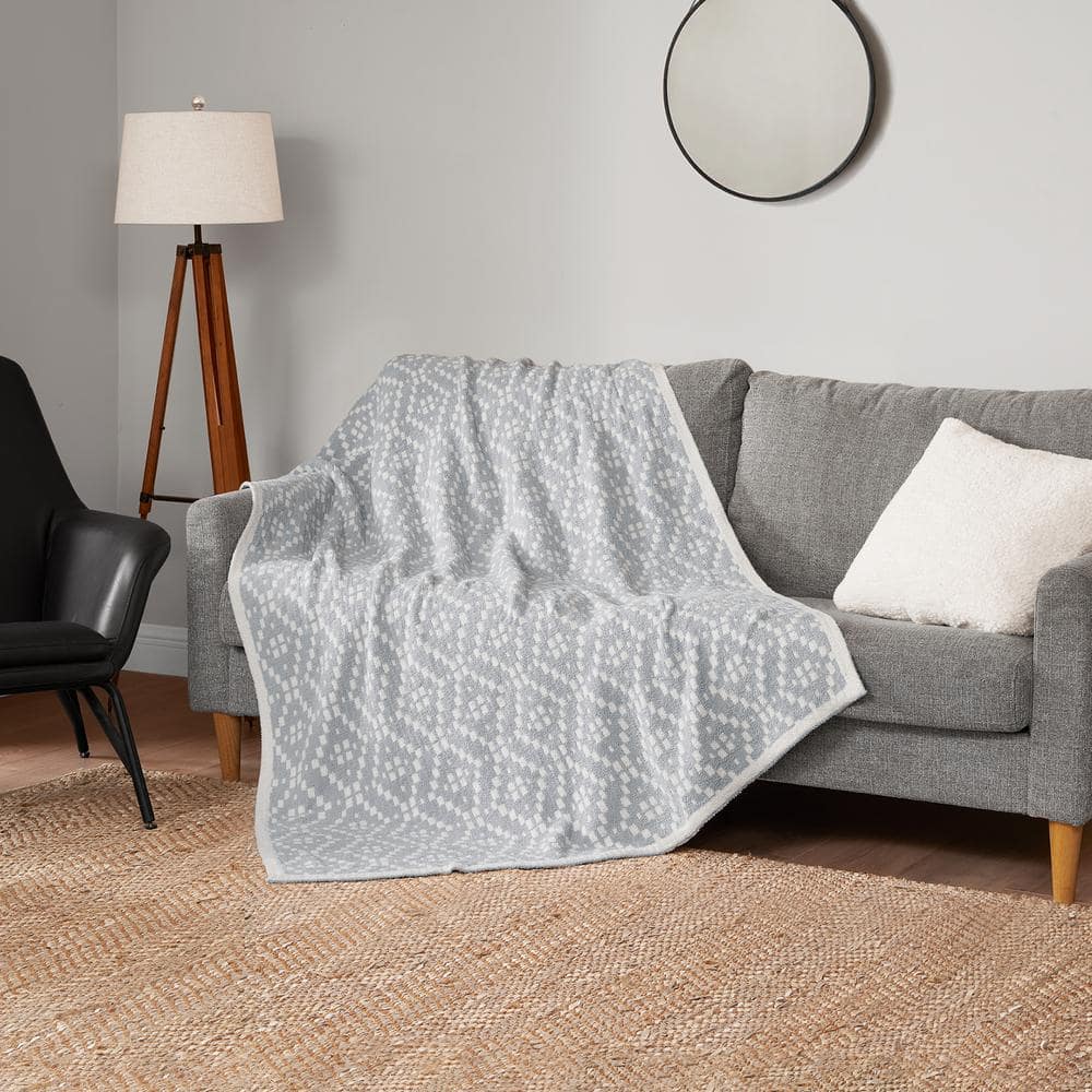 Gray Geometric Jacquard Reversible Knitted Throw Blanket 50" x 70"