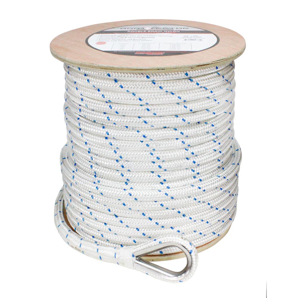 BoatTector 3/4 in. x 300 ft. Double Braid Nylon Anchor Line with Thimble in White with Blue Tracer
