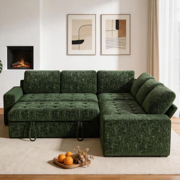 80in Chenille 5-Seat Modular Sectional Sleeper sofa bed in Green, Pull out Couch Sofa for living room,Tool-Free Assembly