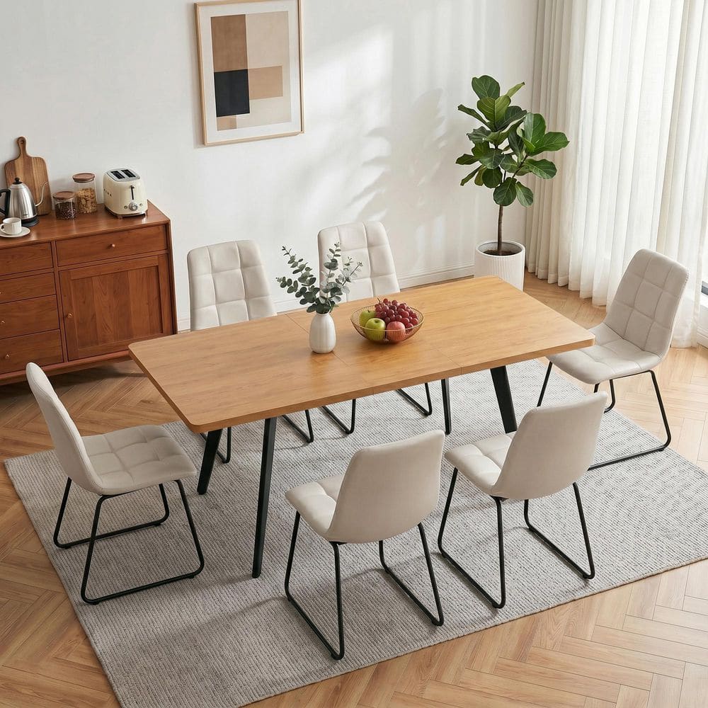 7-Piece Set White Chairs and Oak Rectangular Dining Table, Dining Table Set, Dining Room Set with 6 Chairs