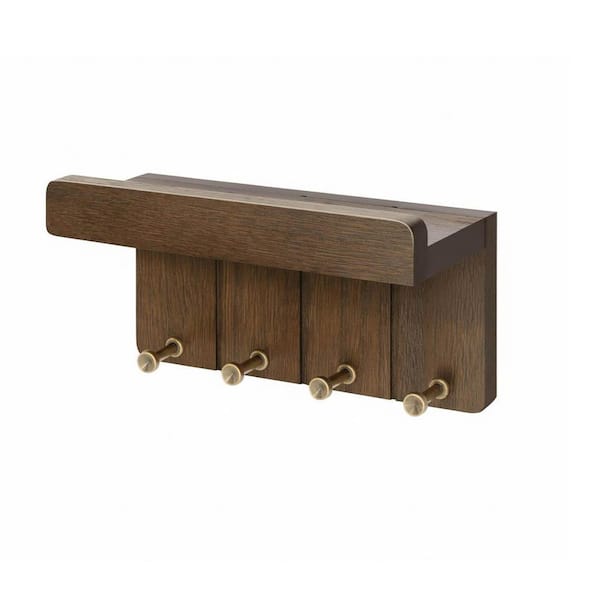 8 in. W x 3.5 in. D Rustic Brown Wood Decorative Wall Shelf Small Key Rack for Wall with 4 Key Hooks and Small Shelf