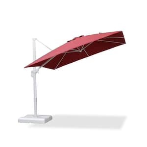 9 ft. Square Outdoor Cantilever Patio Umbrella White Aluminum Offset 360° Rotation Umbrella with Base, Red