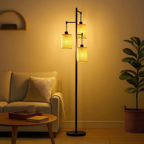 68.9 in. Black 3-Light Tree Floor Lamp with Hand Woven Shade