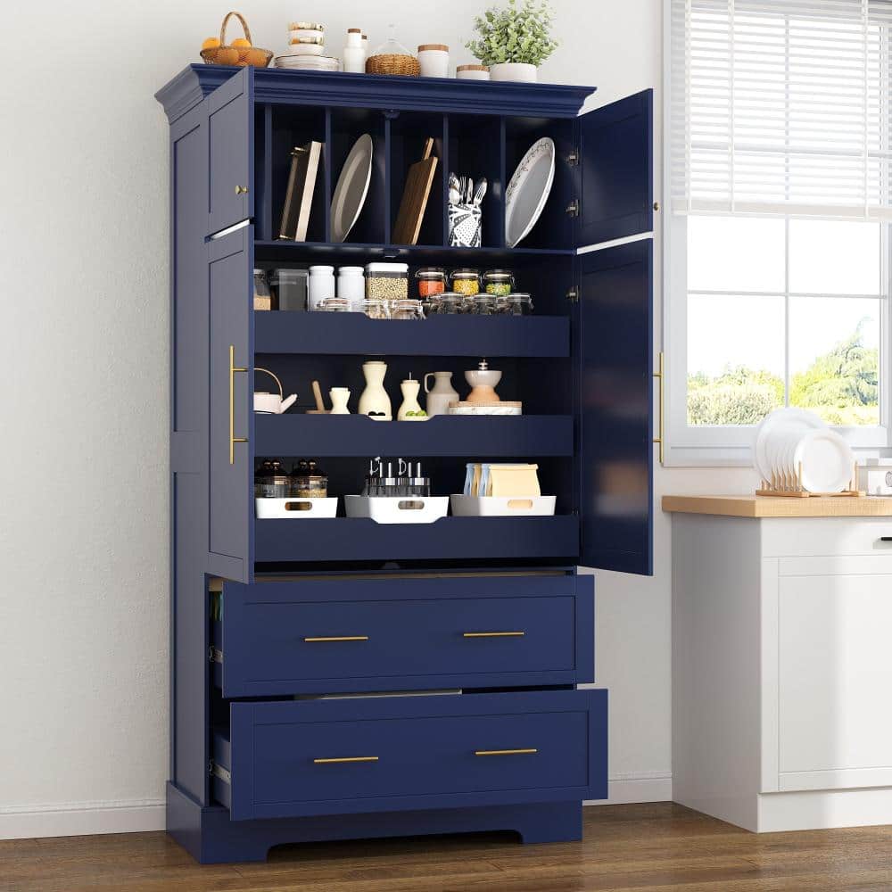 73" Freestanding Kitchen Pantry Storage Cabinet with Pull-out Trays, Drawers and Cake Pan Storage Organizer in Blue
