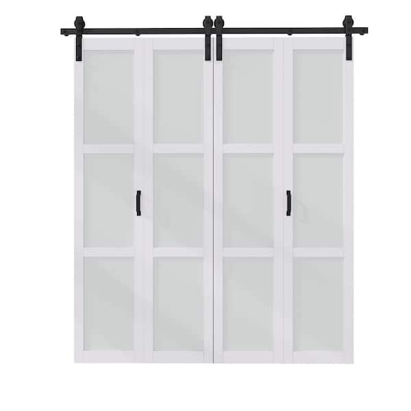 72 in. x 84 in. Assembled Bi-Fold 3 Lite Frosted Glass White Primed Solid Core MDF Sliding Barn Door with Hardware Kit