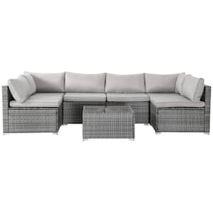 7-Piece Gray Rattan Wicker Outdoor Patio Sectional Sofa Set with Gray Cushions