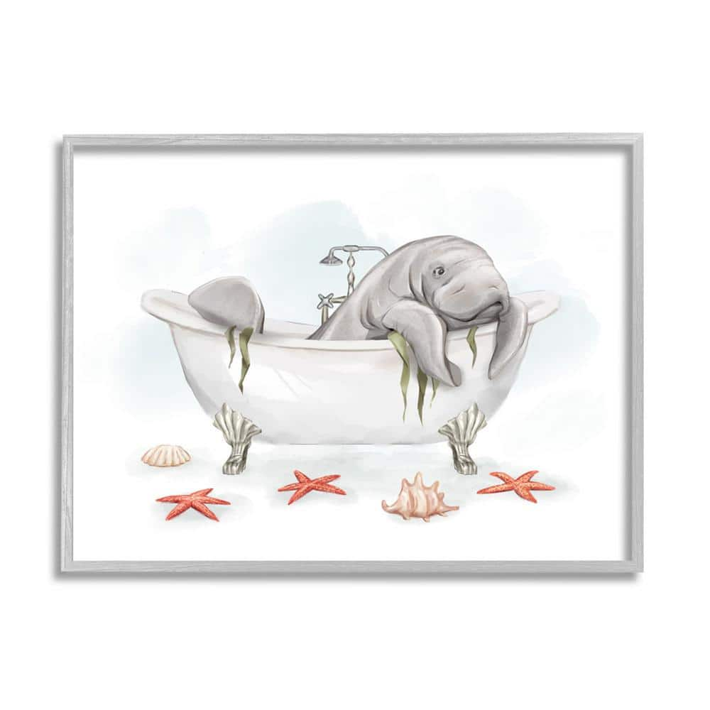 Stupell Industries Manatee Sea Life Swimming Bathtub Bathroom Painting Graphic Art Gray Framed Art Print Wall Art, Design by Ziwei Li