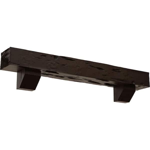 Ekena Millwork 4 in. x 4 in. x 4 ft. Pecky Cypress Faux Wood Fireplace Mantel Kit, Ashford Corbels, Natural Mahogany